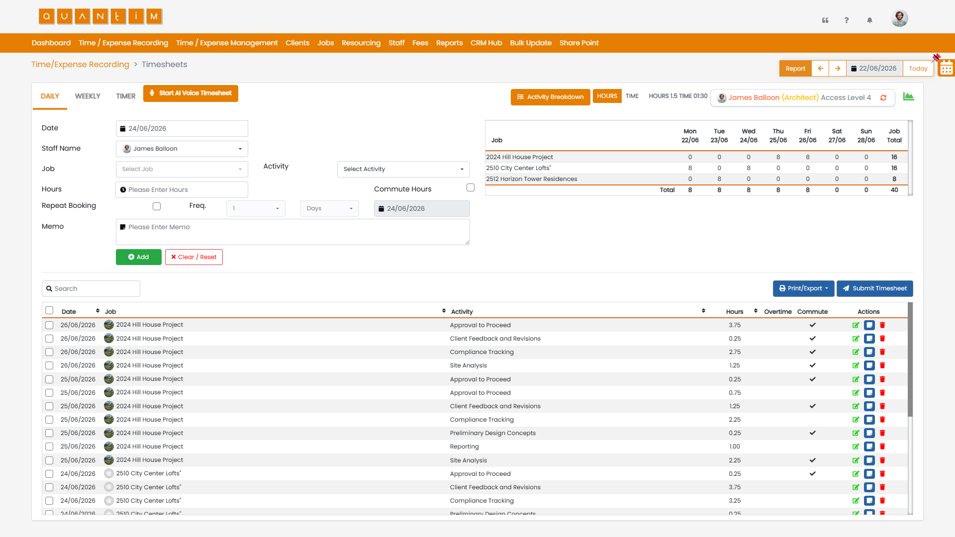 Quantim timesheet software screen showing daily time entry, job and activity selection, and a weekly summary grid